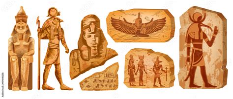 Vektorová Grafika „egypt Stone Board Kit Vector Ancient Egyptian Statue Old Rock Tablet Gods