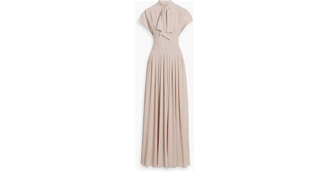Mikael Aghal Pussy Bow Pleated Chiffon Maxi Dress In Natural Lyst