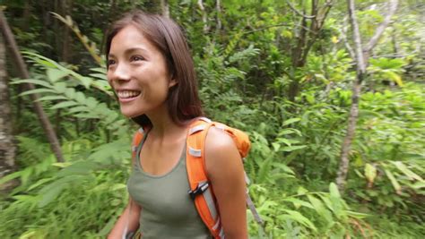 Hiking Woman Trekking In Forest Standing Looking. Young Female Hiker ...