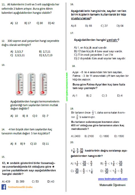 Sinif Matemat K D Nem Yazili Sinavi Test Matematik