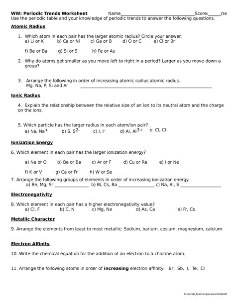 Periodic Trends Worksheet Atomic Radius Which Atom In Each Pair Has