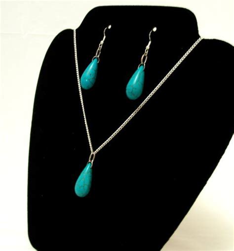 Turquoise Tear Drop Jewelry Set Sterling Silver Necklace 925 Jewelry Set Jewelry Turquoise