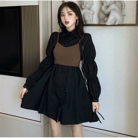 Sét đầm Sơ mi Phối áo croptop có màu đen nude trắng hình thật