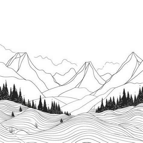 Dibujo de línea continua del paisaje de montaña minimalista Foto Premium