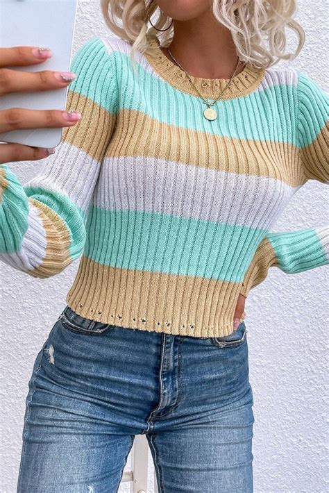 Long Sleeve Striped Pullover Slim Fitted Knitted Sweater Sweaters For