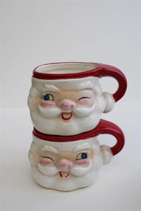 Mid Century Vintage Japan Ceramic Santa Face Mugs Mini Holt Howard