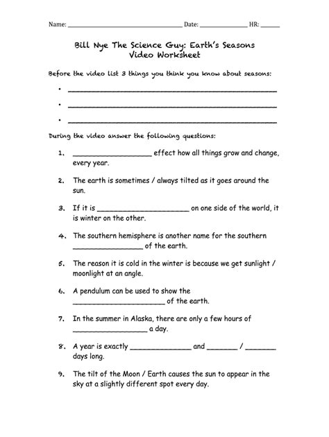 Bill Nye Energy Worksheet