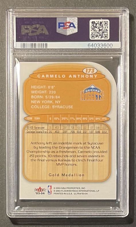 Gold Rc Psa Carmelo Anthony Fleer Ultra Rc Gold Medallion