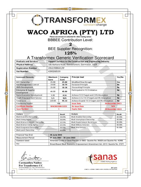 Fillable Online B BBEE Certificate Scorecard And Annexure Fax