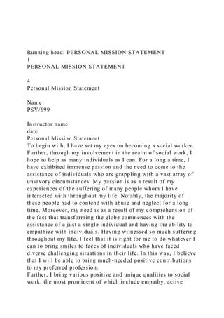 Running Head PERSONAL MISSION STATEMENT1PERSONAL MISSION ST Docx