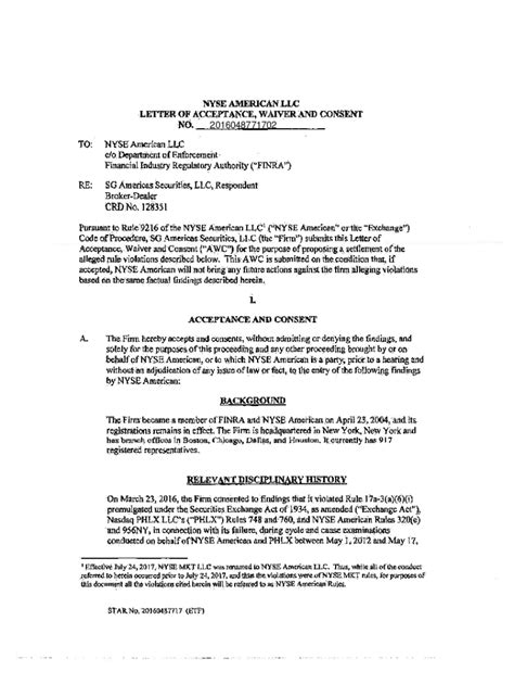 Fillable Online Nyse American Llc Letter Of Acceptance Waiver And