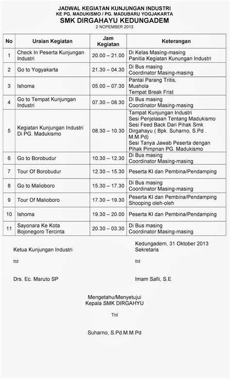 Agenda Waktu Dan Tempat Kegiatan Kegiatan Kunjungan Industri And Wisata