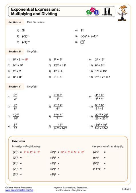 Exponential Expressions Multiplying And Dividing Worksheet Fun And