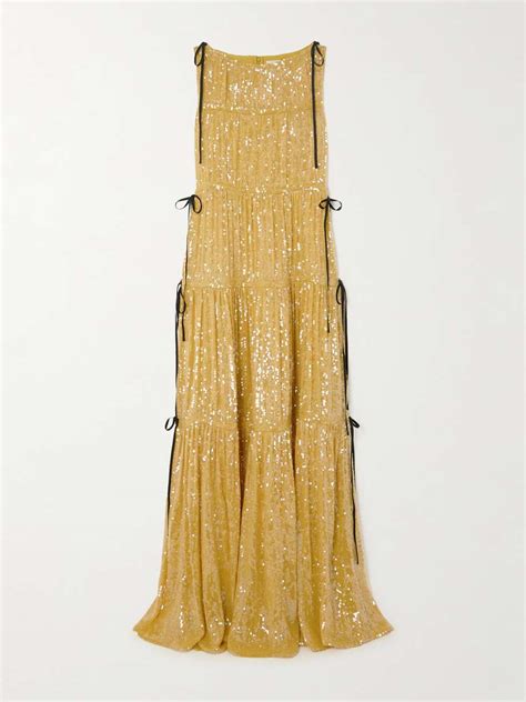 Erdem Tie Detailed Tiered Sequined Crepe De Chine Gown Net A Porter