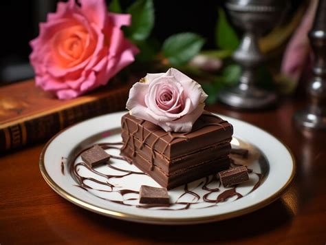 Premium AI Image | Chocolate cake decorated with flowers on a dark ...