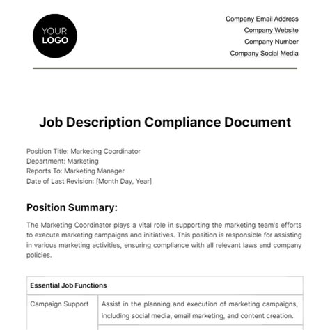 Free Job Description Compliance Document Hr Template Edit Online And Download