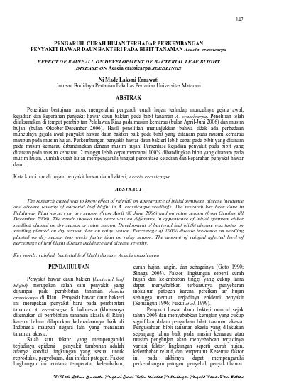 Pengaruh Curah Hujan Terhadap Perkembangan Penyakit Hawar Daun Bakteri Pada Bibit Tanaman Acacia