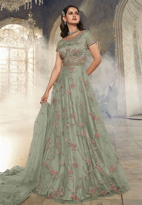 Light Green Net Long Anarkali Suit 257169