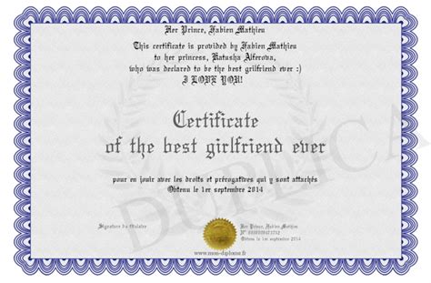 Certificate Of The Best Girlfriend Ever