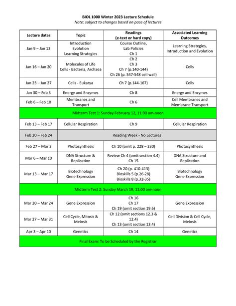 Biol Winter Lecture Schedule Biol Winter Lecture