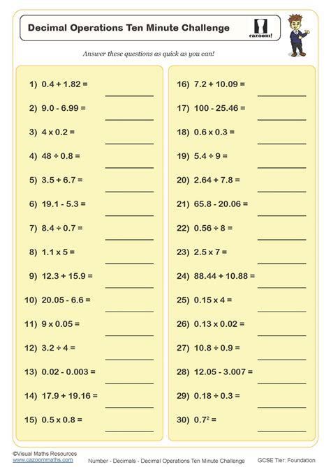 Decimal Operations Ten Minute Challenge Worksheet Pdf Printable Worksheet