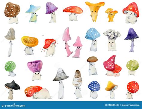 Cute Watercolor Mushrooms Isolated On White Background Fantasy Cartoon