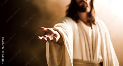 Jesus Christ Reaching Out His Hand Against Bright Background Ilustração