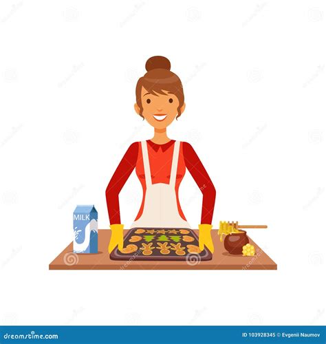 Young Woman Baking Cookies Housewife Girl Cooking Food In The Kitchen Flat Vector Illustration