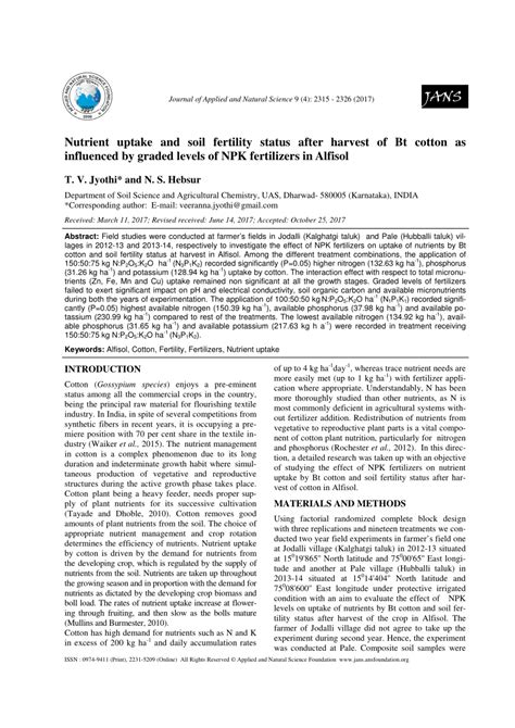 Pdf Nutrient Uptake And Soil Fertility Status After Harvest Of Bt