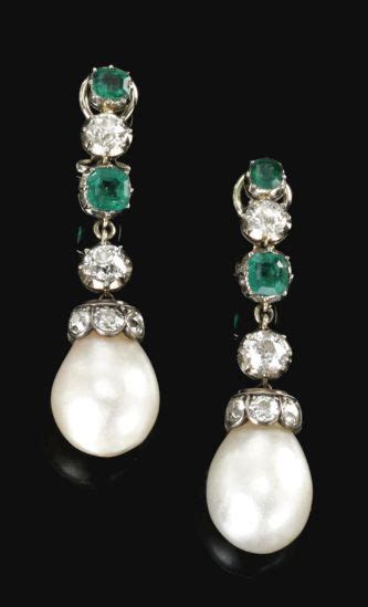 Pair Of Emerald Pearl And Diamond Pendent Ear Clips Circa