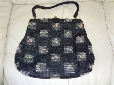 Vtg From S Lumured Black Petite Bead Corde Handbag Purse Coin