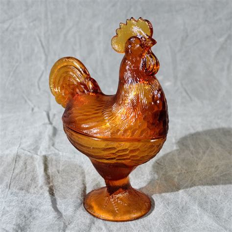 L E Smith Amber Glass Rooster Footed Covered Candy Dish Etsy