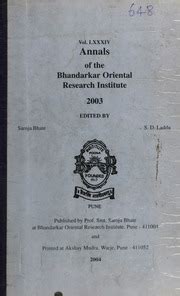 Annals Of The Bhandarkar Oriental Research Institute Saroja Bhate