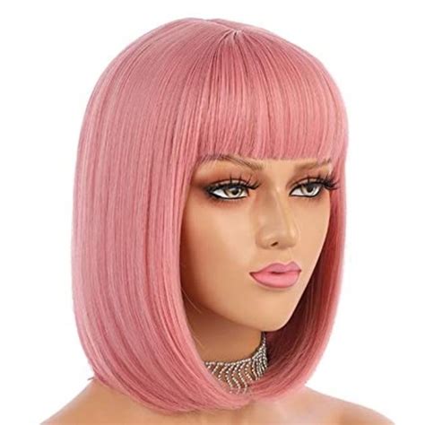 Enilecor Hair Enilecor Short Bob Wig 2 Straight With Flat Bangs Synthetic Cosplay Wig Pink