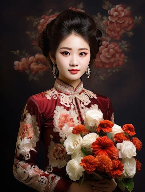 Premium AI Image A Woman In A Red Dress With Flowers And A Bouquet Of