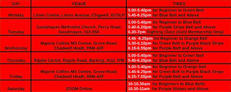 Timetable Chadwell Heath Karate Academy