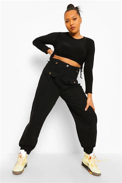 Plus Button Detail Cuffed Cargo Pants Boohoo