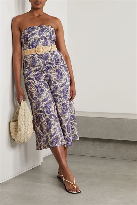 Zimmermann Devi Strapless Belted Cropped Paisley Print Linen Jumpsuit