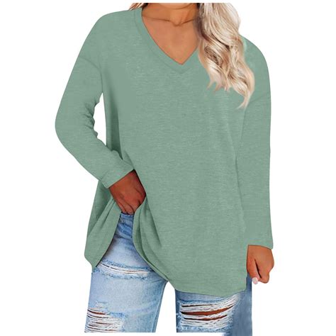 DENGDENG Long Sleeve Going Out Top Solid Color V Neck Shirts For Women