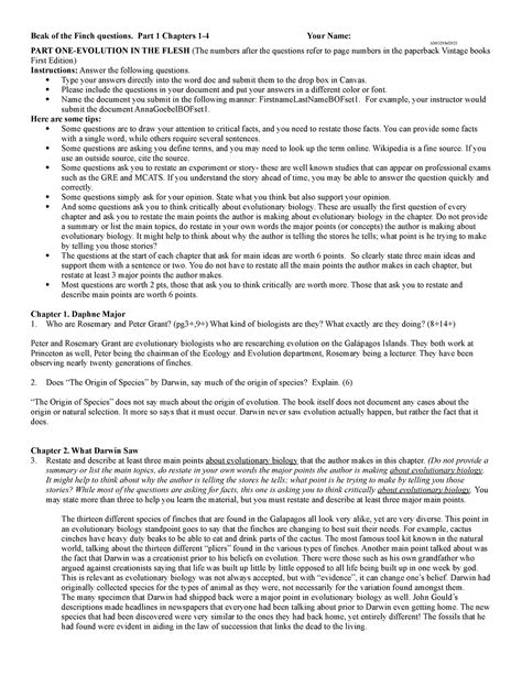 Beak of Finch Set 1 - Reading Assignment - Beak of the Finch questions