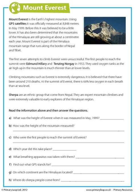 Mount Everest Reading Comprehension Worksheet Challenging Mount