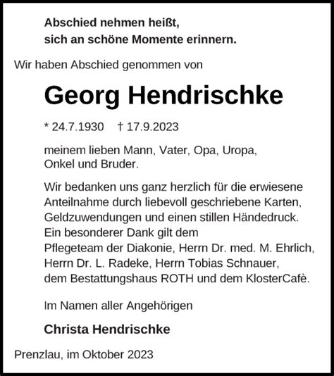 Traueranzeigen Von Georg Hendrischke Trauer Nordkurier