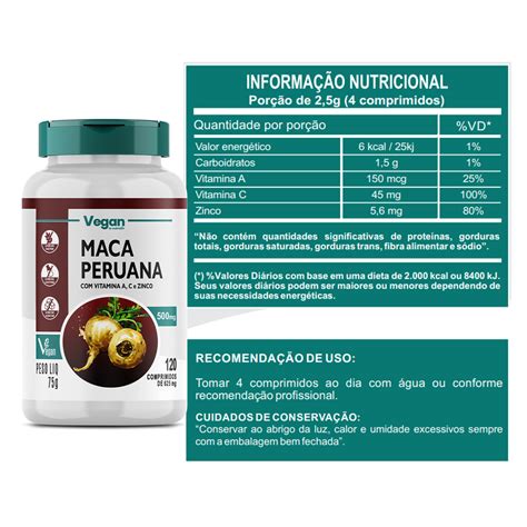 Maca Peruana Vitamina A C E Zinco 120 Comprimidos Nutralin