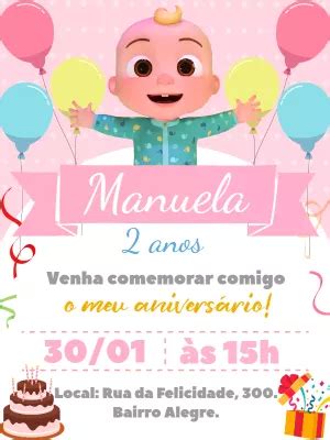 Convite Anivers Rio Cocomelon Rosa Edite Gr Tis Nosso Editor Online