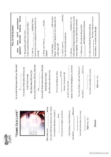 Selena Gomez Same Old Love Listeni English Esl Worksheets Pdf Doc