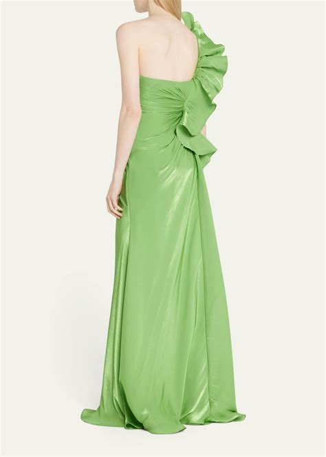 Badgley Mischka Collection Botanical Leaf Ruched Ruffle Sweetheart Gown