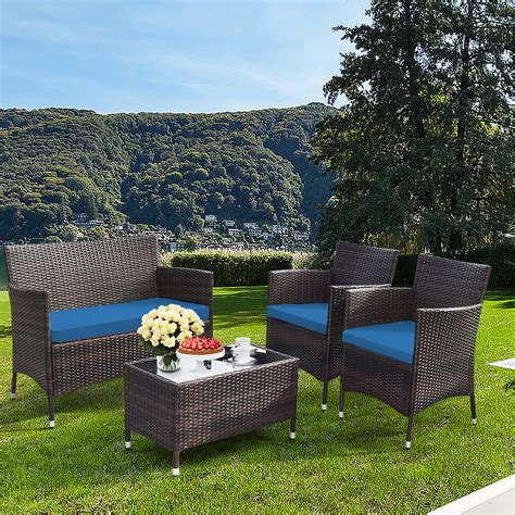 Gymax 4pcs Patio Rattan Furniture Set Outdoor Conversation Set With