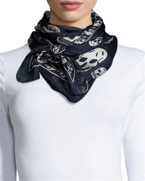 Alexander Mcqueen Skull Print Chiffon Scarf In Blue Navy Ivory Lyst