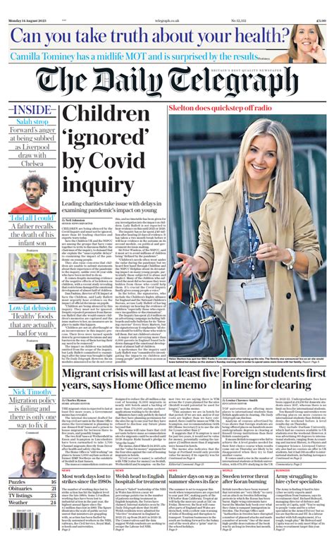 Daily Telegraph Front Page Th Of August Tomorrow S Papers Today