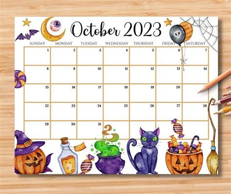 Editable October 2023 Calendar Scary Spooky Halloween Planner 2023 Cute